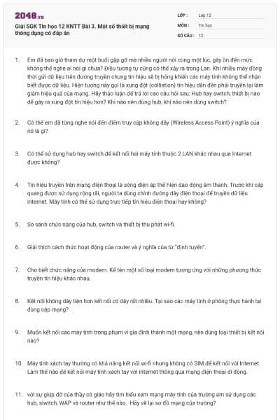 Giải SGK Tin học 12 KNTT Bài 3. Một số thiết bị mạng thông dụng có đáp án