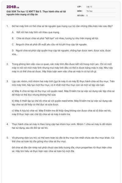 Giải SGK Tin học 12 KNTT Bài 5. Thực hành chia sẻ tài nguyên trên mạng có đáp án