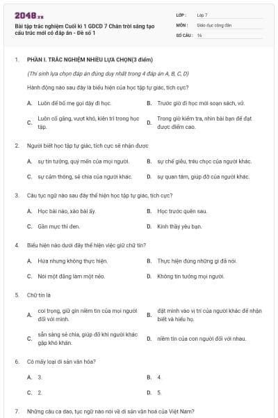 Bài tập trắc nghiệm Cuối kì 1 GDCD 7 Chân trời sáng tạo cấu trúc mới có đáp án - Đề số 1
