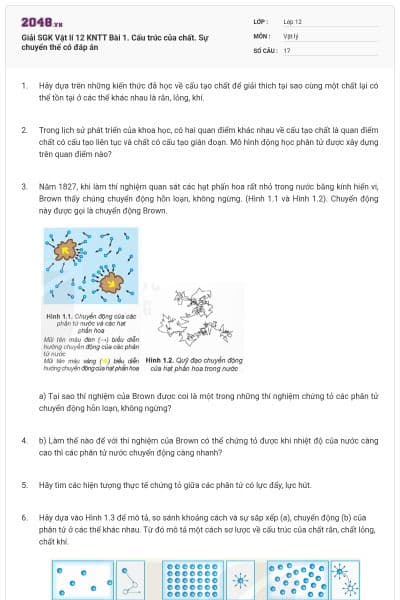 Giải SGK Vật lí 12 KNTT Bài 1. Cấu trúc của chất. Sự chuyển thể có đáp án