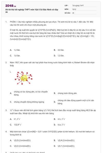 Đề thi thử tốt nghiệp THPT môn Vật lí Sở Bắc Ninh có đáp án