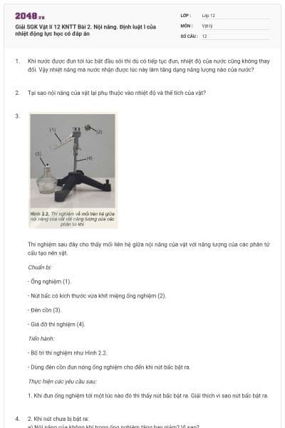 Giải SGK Vật lí 12 KNTT Bài 2. Nội năng. Định luật I của nhiệt động lực học có đáp án
