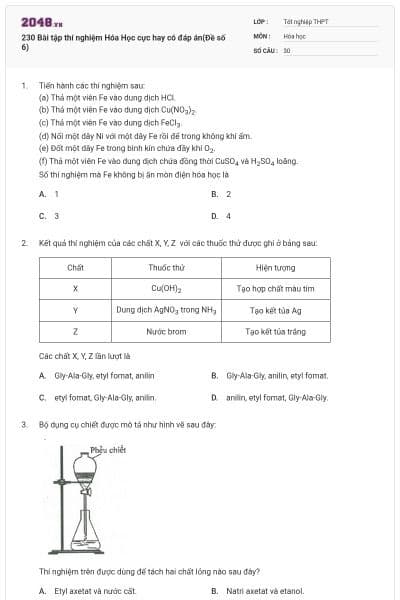 230 Bài tập thí nghiệm Hóa Học cực hay có đáp án(Đề số 6)