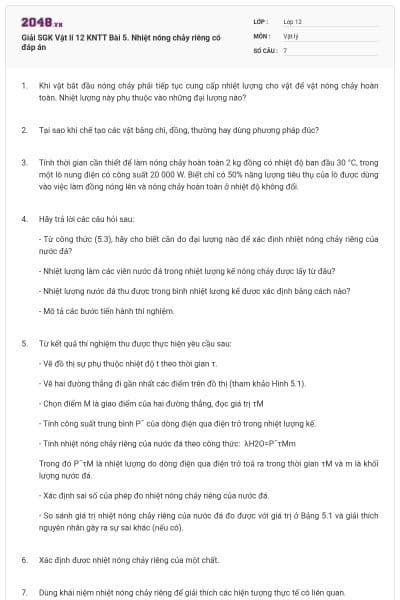 Giải SGK Vật lí 12 KNTT Bài 5. Nhiệt nóng chảy riêng có đáp án