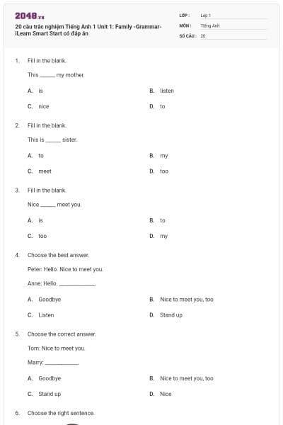 20 câu trắc nghiệm Tiếng Anh 1 Unit 1: Family -Grammar- iLearn Smart Start có đáp án