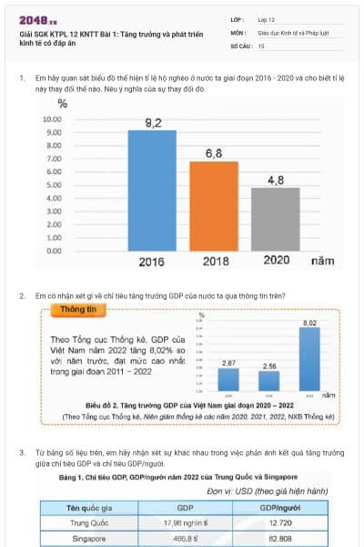 Giải SGK KTPL 12 KNTT Bài 1: Tăng trưởng và phát triển kinh tế có đáp án