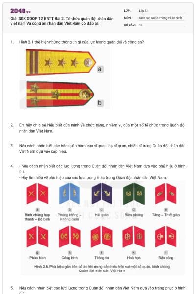 Giải SGK GDQP 12 KNTT Bài 2. Tổ chức quân đội nhân dân việt nam  Và công an nhân dân Việt Nam có đáp án