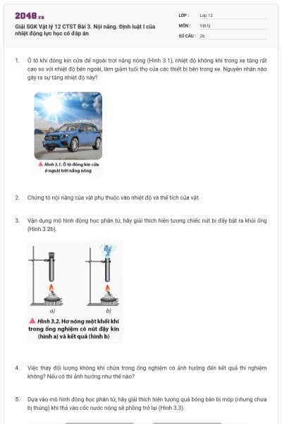 Giải SGK Vật lý 12 CTST Bài 3. Nội năng. Định luật I của nhiệt động lực học có đáp án