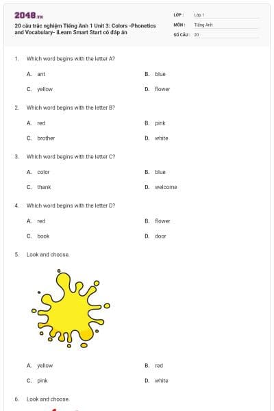20 câu trắc nghiệm Tiếng Anh 1 Unit 3: Colors -Phonetics and Vocabulary- iLearn Smart Start có đáp án