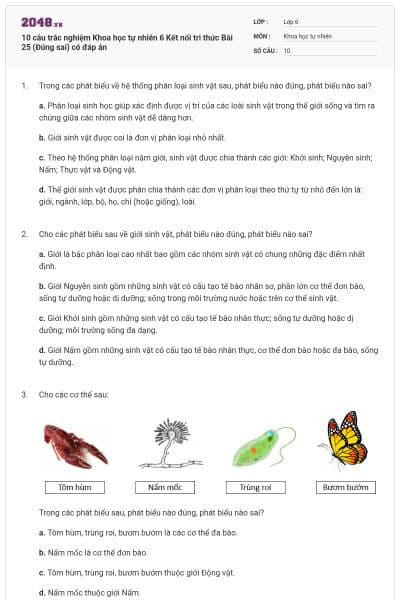 10 câu trắc nghiệm Khoa học tự nhiên 6 Kết nối tri thức Bài 25 (Đúng sai) có đáp án