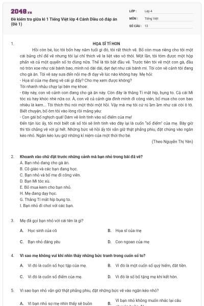 Đề kiểm tra giữa kì 1 Tiếng Việt lớp 4 Cánh Diều có đáp án (Đề 1)