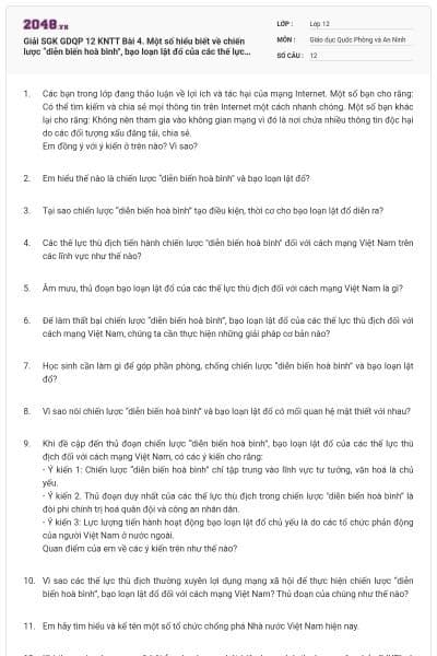 Giải SGK GDQP 12 KNTT Bài 4. Một số hiểu biết về chiến lược “diễn biến hoà bình", bạo loạn lật đổ của các thế lực thù địch đối với cách mạng Việt Nam có đáp án