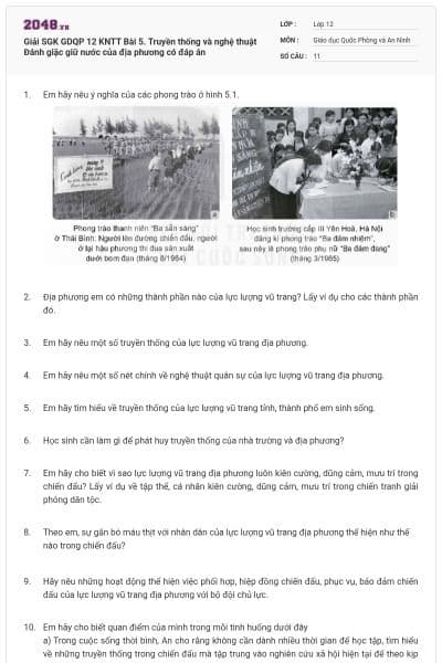 Giải SGK GDQP 12 KNTT Bài 5. Truyền thống và nghệ thuật Đánh giặc giữ nước của địa phương có đáp án