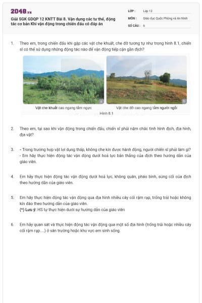 Giải SGK GDQP 12 KNTT Bài 8. Vận dụng các tư thế, động tác cơ bản Khi vận động trong chiến đấu có đáp án