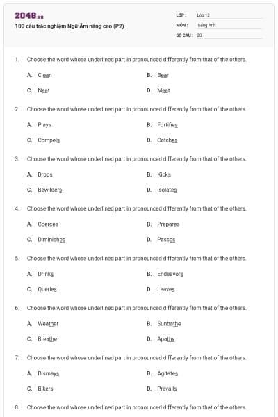 100 câu trắc nghiệm Ngữ Âm nâng cao (P2)