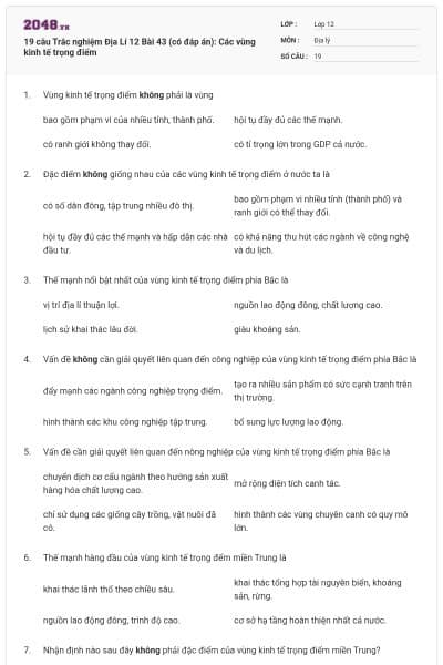 19 câu  Trắc nghiệm Địa Lí 12 Bài 43 (có đáp án): Các vùng kinh tế trọng điểm