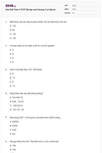 Giải SGK Toán 9 CTST Bài tập cuối chương 3 có đáp án