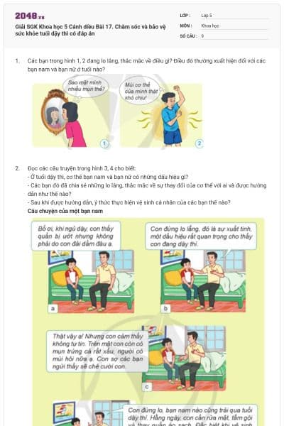 Giải SGK Khoa học 5 Cánh diều Bài 17. Chăm sóc và bảo vệ sức khỏe tuổi dậy thì có đáp án