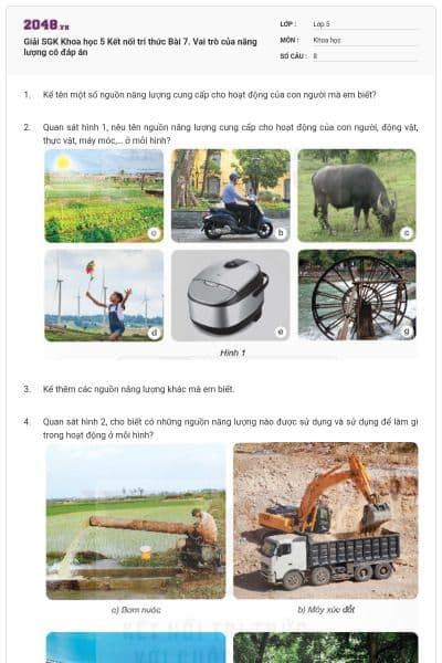 Giải SGK Khoa học 5 Kết nối tri thức Bài 7. Vai trò của năng lượng có đáp án