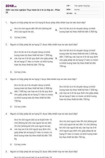 400+ câu trắc nghiệm Thực hành lái ô tô có đáp án - Phần 26