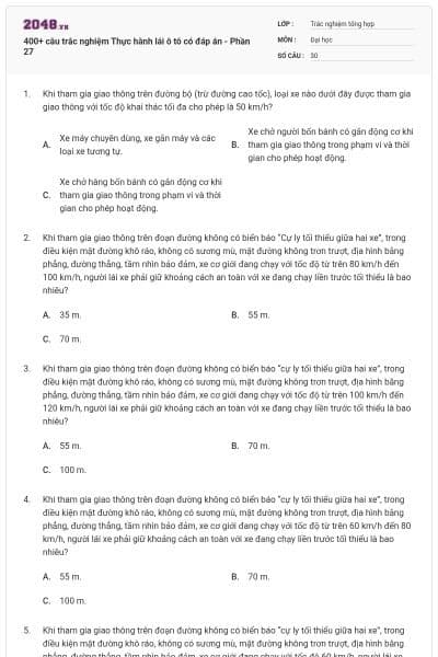 400+ câu trắc nghiệm Thực hành lái ô tô có đáp án - Phần 27