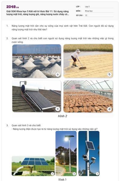 Giải SGK Khoa học 5 Kết nối tri thức Bài 11: Sử dụng năng lượng mặt trời, năng lượng gió, năng lượng nước chảy có đáp án