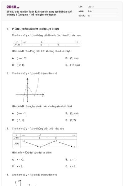 25 câu trắc nghiệm Toán 12 Chân trời sáng tạo Bài tập cuối chương 1 (Đúng sai - Trả lời ngắn) có đáp án