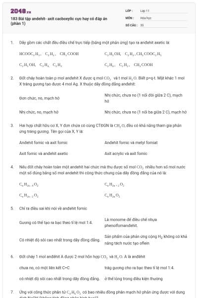 183 Bài tập andehit- axit cacboxylic cực hay có đáp án (phần 1)