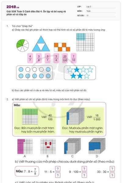 Giải SGK Toán 5 Cánh diều Bài 4. Ôn tập và bổ sung về phân số có đáp án