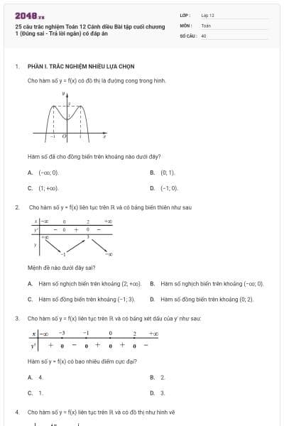 25 câu trắc nghiệm Toán 12 Cánh diều Bài tập cuối chương 1 (Đúng sai - Trả lời ngắn) có đáp án