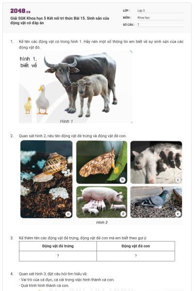 Giải SGK Khoa học 5 Kết nối tri thức Bài 15. Sinh sản của động vật có đáp án