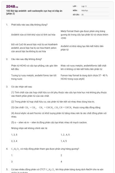 183 Bài tập andehit- axit cacboxylic cực hay có đáp án (phần 2)
