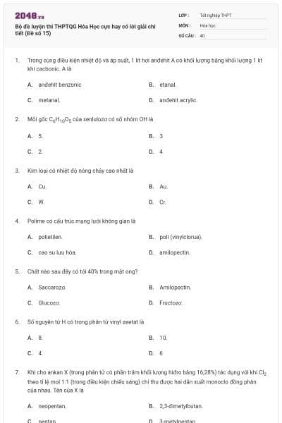 Bộ đề  luyện thi THPTQG Hóa Học cực hay có lời giải chi tiết (Đề số 15)