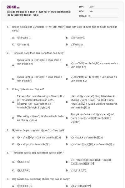 Bộ 5 đề thi giữa kì 1 Toán 11 Kết nối tri thức cấu trúc mới (có tự luận) có đáp án - Đề 3