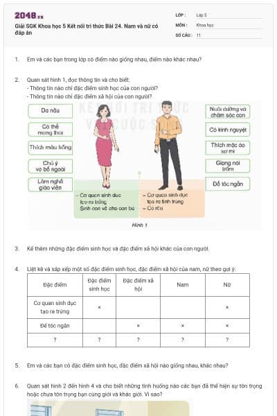 Giải SGK Khoa học 5 Kết nối tri thức Bài 24. Nam và nữ có đáp án