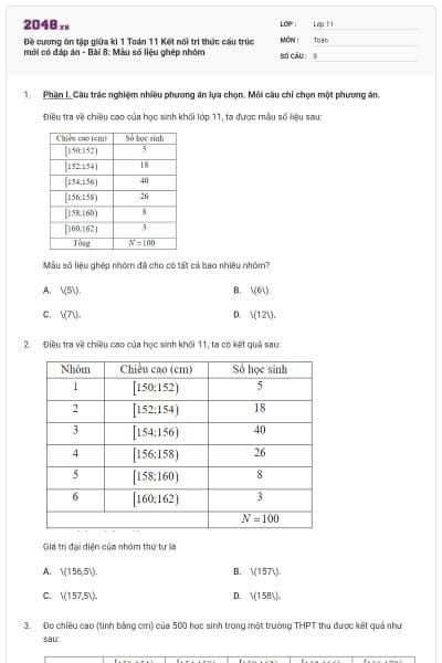Đề cương ôn tập giữa kì 1 Toán 11 Kết nối tri thức cấu trúc mới có đáp án - Bài 8: Mẫu số liệu ghép nhóm