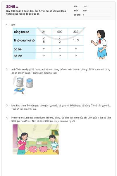Giải SGK Toán 5 Cánh diều Bài 7. Tìm hai số khi biết tổng và tỉ số của hai số đó có đáp án