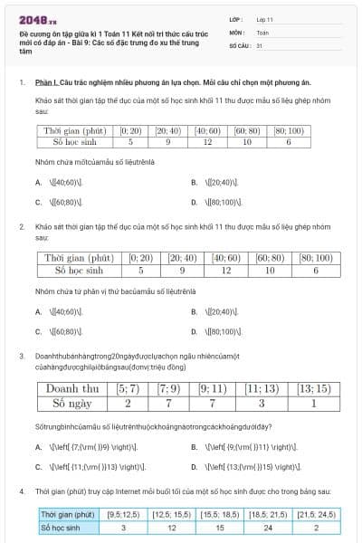 Đề cương ôn tập giữa kì 1 Toán 11 Kết nối tri thức cấu trúc mới có đáp án - Bài 9: Các số đặc trưng đo xu thế trung tâm