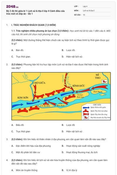 Bộ 2 đề thi giữa kì 1 Lịch sử & Địa lí lớp 4 Cánh diều cấu trúc mới có đáp án - Đề 1