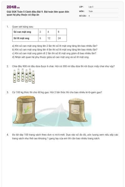 Giải SGK Toán 5 Cánh diều Bài 9. Bài toán liên quan đến quan hệ phụ thuộc có đáp án