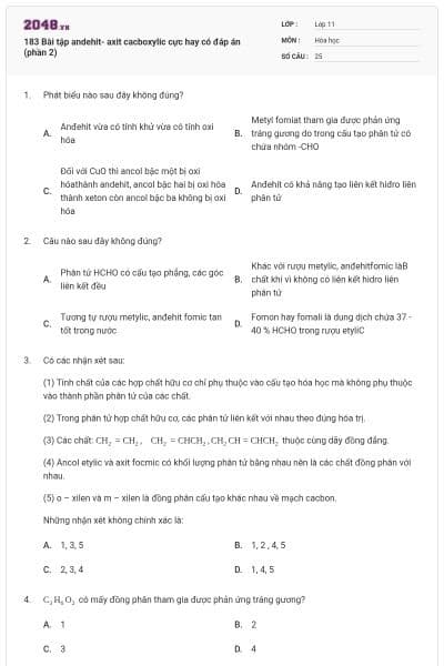 183 Bài tập andehit- axit cacboxylic cực hay có đáp án (phần 2)