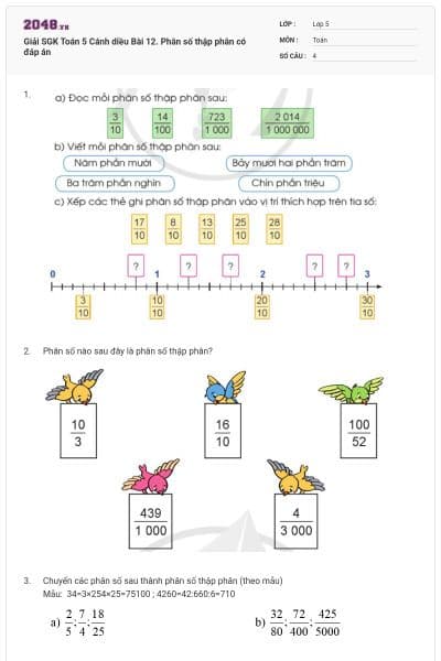 Giải SGK Toán 5 Cánh diều Bài 12. Phân số thập phân có đáp án