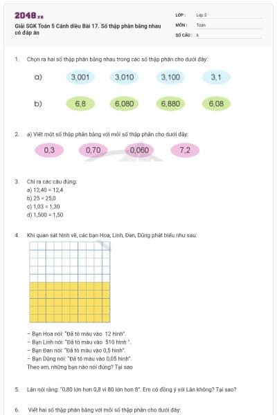 Giải SGK Toán 5 Cánh diều Bài 17. Số thập phân bằng nhau có đáp án