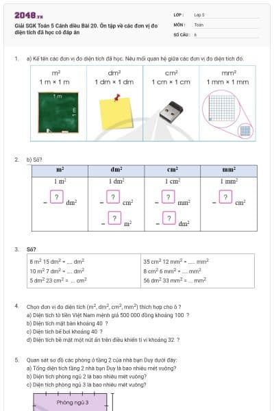 Giải SGK Toán 5 Cánh diều Bài 20. Ôn tập về các đơn vị đo diện tích đã học có đáp án