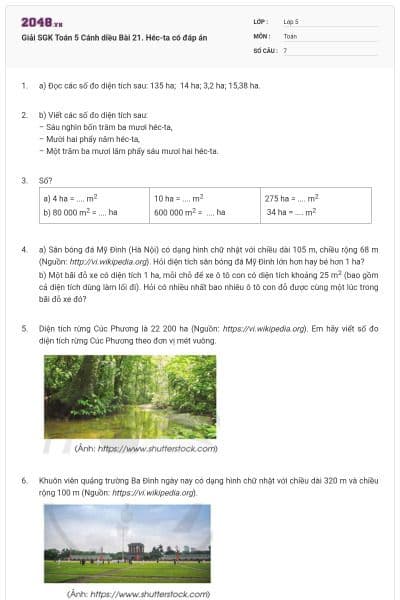 Giải SGK Toán 5 Cánh diều Bài 21. Héc-ta có đáp án