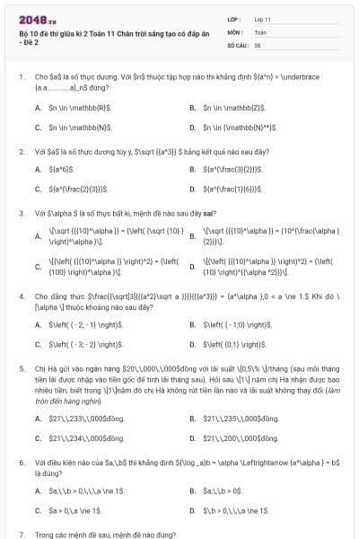 Bộ 10 đề thi giữa kì 2 Toán 11 Chân trời sáng tạo có đáp án - Đề 2