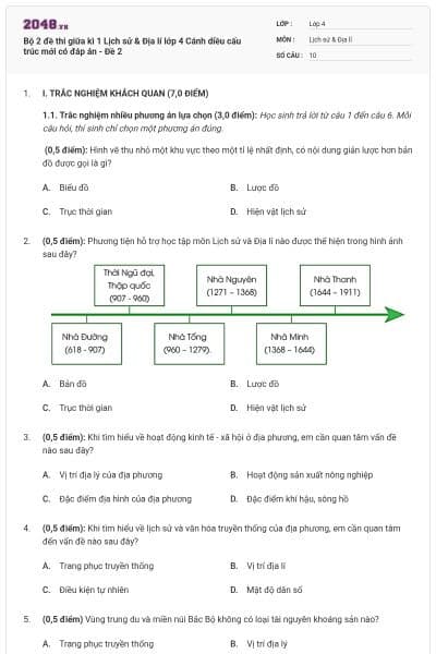 Bộ 2 đề thi giữa kì 1 Lịch sử & Địa lí lớp 4 Cánh diều cấu trúc mới có đáp án - Đề 2