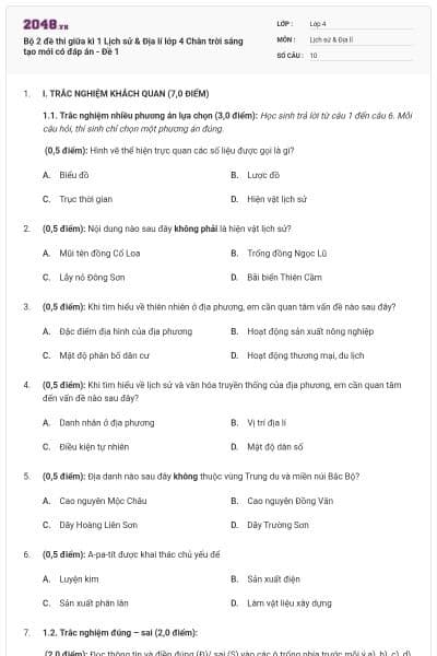 Bộ 2 đề thi giữa kì 1 Lịch sử & Địa lí lớp 4 Chân trời sáng tạo mới có đáp án - Đề 1