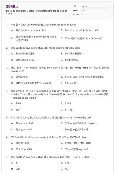 Bộ 10 đề thi giữa kì 2 Toán 11 Chân trời sáng tạo có đáp án - Đề 8