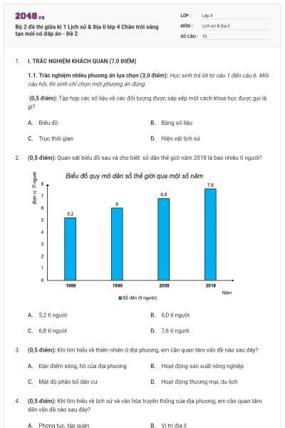Bộ 2 đề thi giữa kì 1 Lịch sử & Địa lí lớp 4 Chân trời sáng tạo mới có đáp án - Đề 2